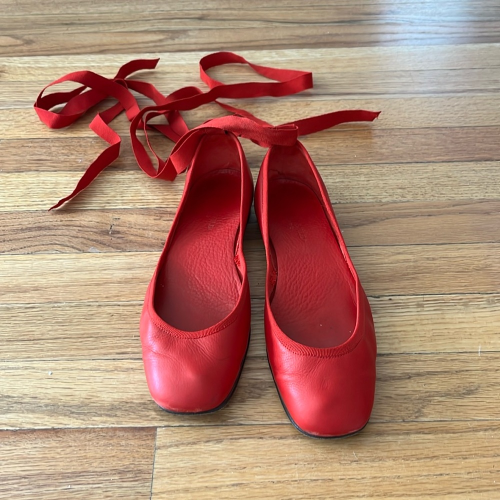 Red leather ribbon lace up ballet flats